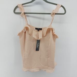 Lulu's champagne coloured satin tank with ruffle accent